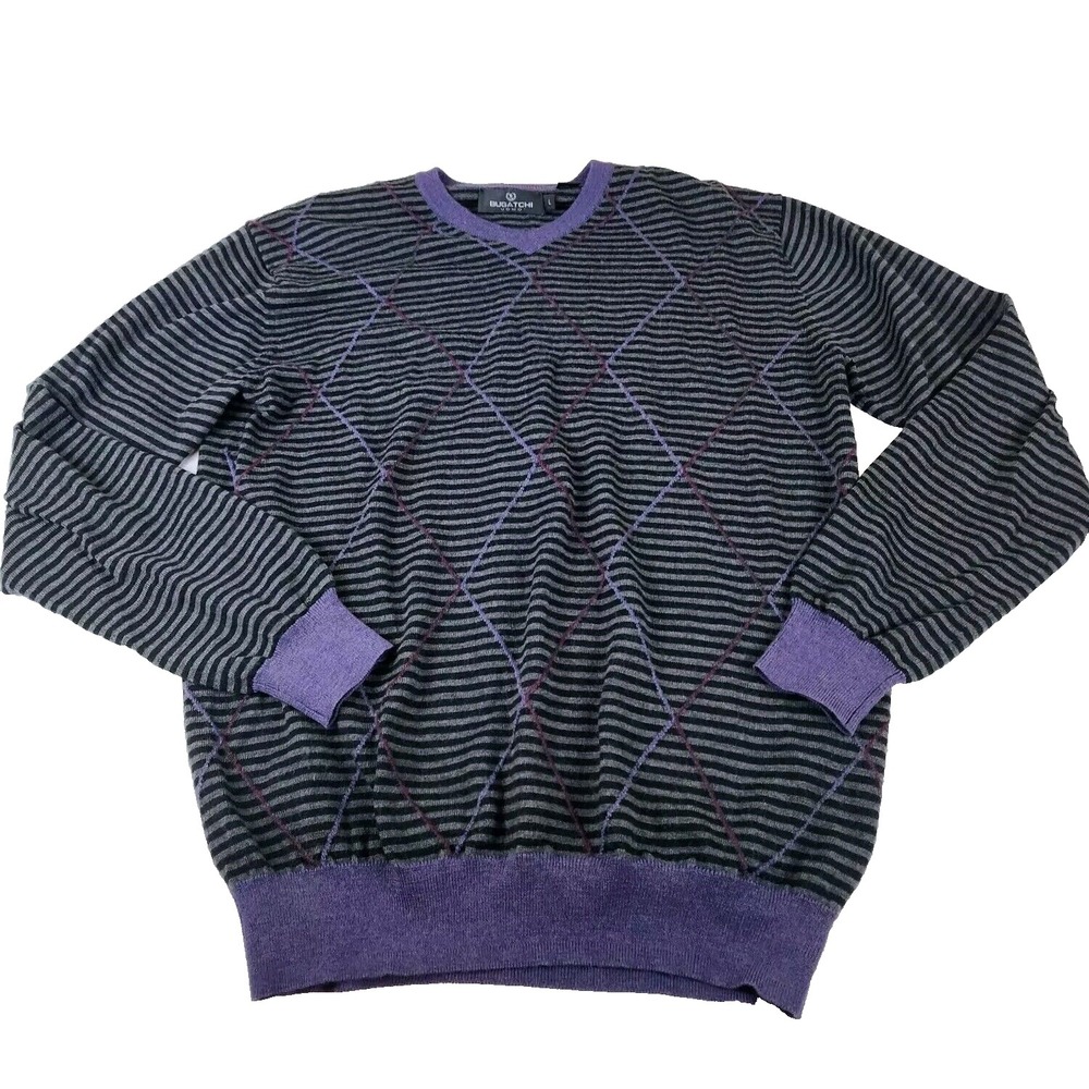 Bugatchi Uomo‎ Mens Large Merino Wool Sweater Purple & Grey Stripe Argyle Shirt